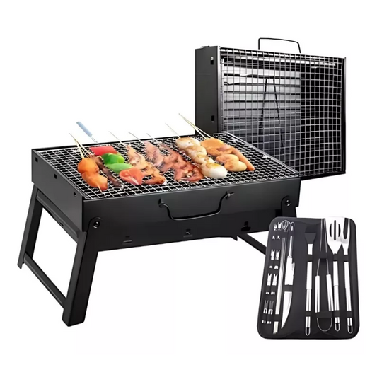 Parrilla A Carbón Portátil + un Kit de 18 Utensilitos Parrilleros de REGALO